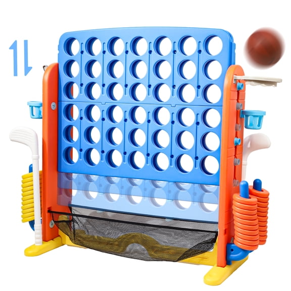 Wdmiya Jumbo 4-to-Score Giant Game Set, 4-in-a-Row Connect Game for Adults Kids Family Fun, Indoor Outdoor Adjustable Height Yard Family Game with w/ Golf Set, Basketball Hoop, Blue Red