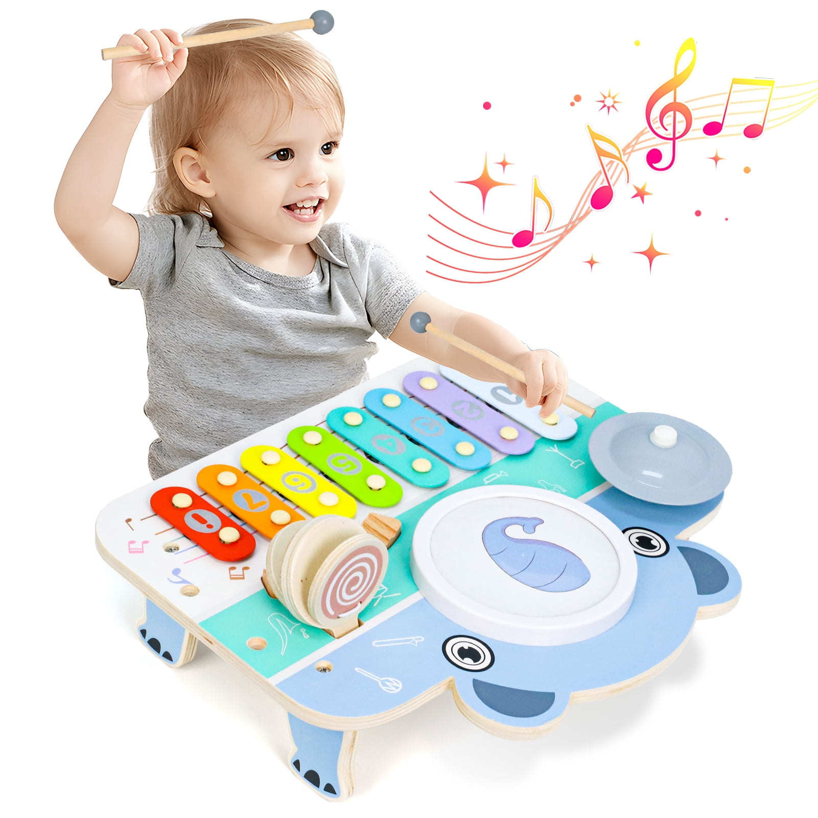 Wdmiya Baby Piano Xylophone for Toddlers 1-3, 6-in-1 Wooden Kids Musical Instruments, Music Toys with Drum Keyboard Sheet Music, Preschool Educational Birthday Gitfs for 1 2 3 Years Old Boys Girls