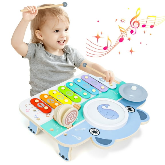 Wdmiya Baby Piano Xylophone for Toddlers 1-3, 6-in-1 Wooden Kids Musical Instruments, Music Toys with Drum Keyboard Sheet Music, Preschool Educational Birthday Gitfs for 1 2 3 Years Old Boys Girls