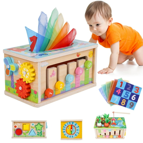 Wdmiya Baby Tissue Box Toy - 6-12 Months Montessori Toys, Wooden Activity Cube, Puzzles 12-18 Months, Sensory Crinkle Tissue Box Toys, Baby 1st Birthday Gift