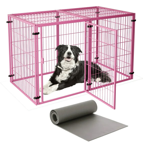 Wdmiya Large Dog Crate, 57 Inch Metal Kennel for Medium and Small Dogs, Safe Indoor & Outdoor XL Big Puppy Bottomless Cage with Comfort Mat, Pet Playpen Yard, Dog Fence Playpen, Pink