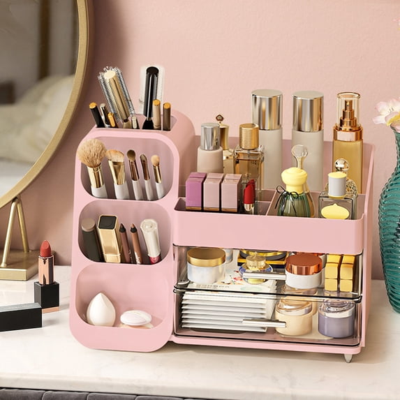 Wdmiya Makeup Organizer For Vanity, Large Capacity Skincare Organizer Countertop With 2 Drawers, Cosmetic Display Cases Makeup Storage For Bedroom, Bathroom, Ideal Gifts For Women, Pink