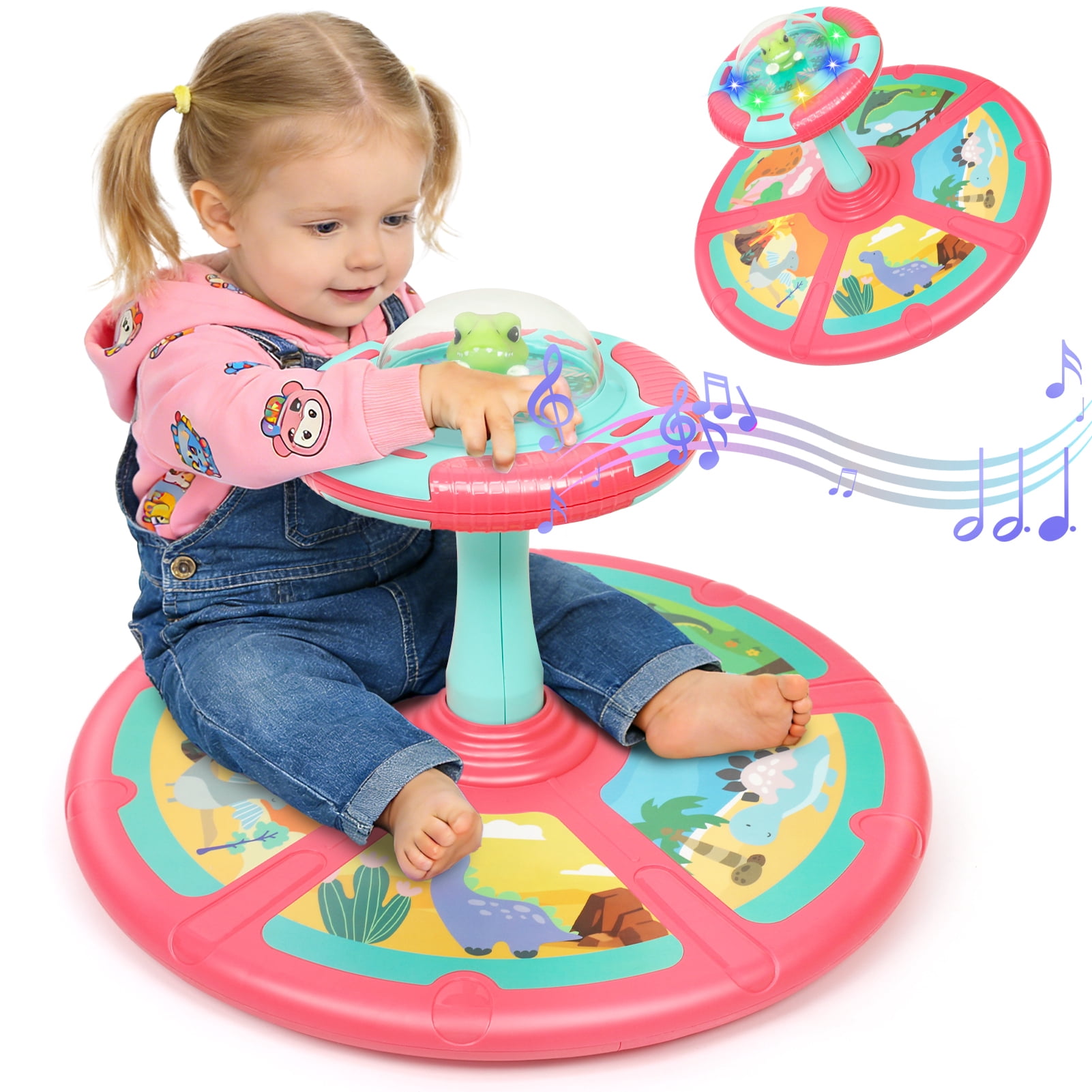 Wdmiya Pink Dinosaur Sit and Spin Toys for Toddlers 1-4, 360° Spinning Seat Activity Toy with Light and Music, Christmas Birthday Gifts for boys and girls, Kids Twister Toy
