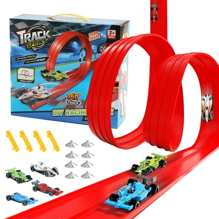 Wdmiya Race Track 13 Ft Starter Set, Car Truck Track Compatible with Diecast 1/64th Cars, Classic Long Roll Up Race Track with 4 Cars and 12 Suckers, Gifts for Kids Toddlers