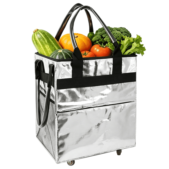 Wdmiya Reusable Foldable Rolling Grocery Bag with Wheels, Insulated Reusable Shopping Tote Bag, Multi‑Purpose Foldable Utility Trolley, Suit for Groceries, Camping, Picnic, E‑Bike, Storage, Silver