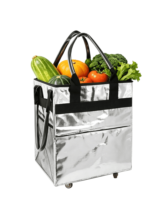 Reusable Foldable Rolling Grocery Bag with Wheels, Insulated Reusable Shopping Tote Bag, Multi‑Purpose Foldable Utility Trolley, Suit for Groceries, Camping, Picnic, E‑Bike, Storage, Silver