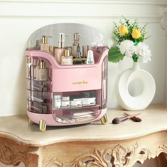 Wdmiya Rotating Makeup Organizer, Waterproof& Dustproof Cosmetic Organizer Box with Lid, Large Capacity Vanity Storage, Makeup Display Boxes for Bathroom Countertop, Bedroom, Dresser,Pink