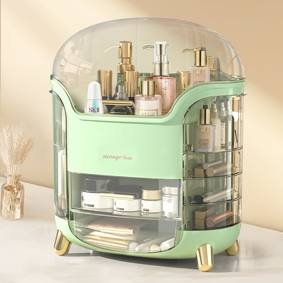 Wdmiya Rotating Makeup Organizer, Waterproof& Dustproof Cosmetic Organizer Box with Lid, Large Capacity Vanity Storage, Makeup Display Boxes for Bathroom Countertop, Bedroom, Dresser,Green