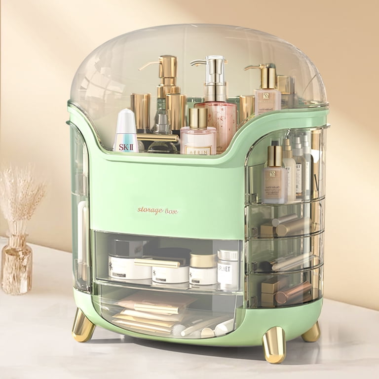 Wdmiya Rotating Makeup Organizer, Waterproof& Dustproof Cosmetic Organizer Box with Lid, Large Capacity Vanity Storage, Makeup Display Boxes for