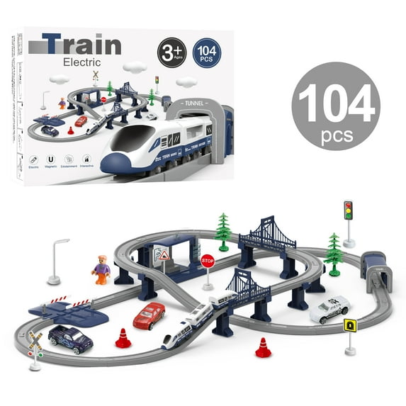 Wdmiya Train Set Toys for boys, 104 Pcs Electric Train with Track and Car Toy Set for Toddlers, Birthday Gift for Boys and Girls