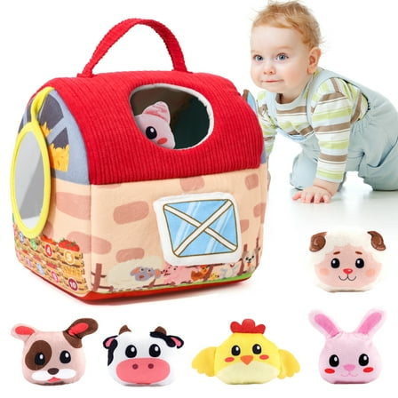 Wdmiya kids Plush House Toy 6-12 Months, Soft Box Set with 6 Sensory Toys, Educational Role Play Travel Cabin Toy for Kids, Baby Pretend Play House Set