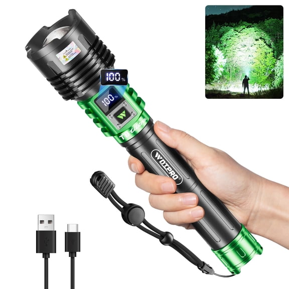WdtPro Rechargeable LED Flashlights High Lumens, Super Bright 90000LM Rechargeable Flashlight with LCD Display, 5 Modes & Waterproof Powerful 10000mAh 30H Flashlight for Camping Emergency Green