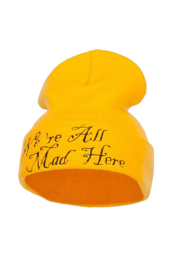 We All Mad Here Embroidered Long Beanie - Yellow OSFM