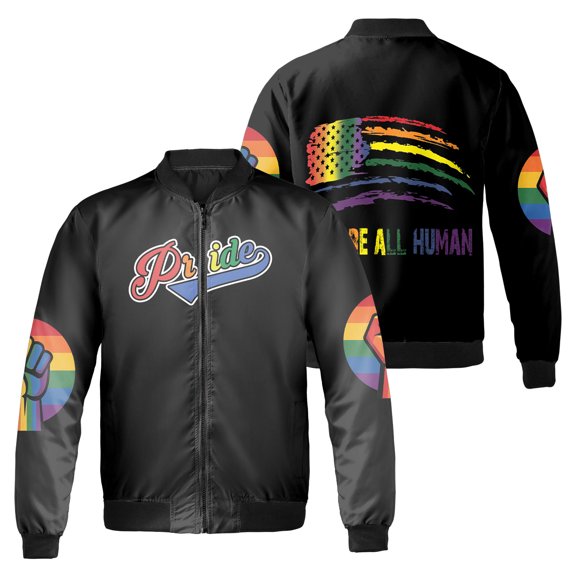 We Are All Human Pride Bomber Jacket, Rainbow American Flag and Fist Graphic, LGBT Pride Month Black Zip Up Jacket