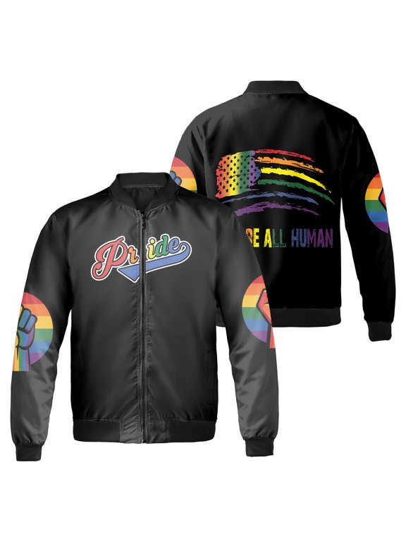 We Are All Human Pride Bomber Jacket, Rainbow American Flag and Fist Graphic, LGBT Pride Month Black Zip Up Jacket