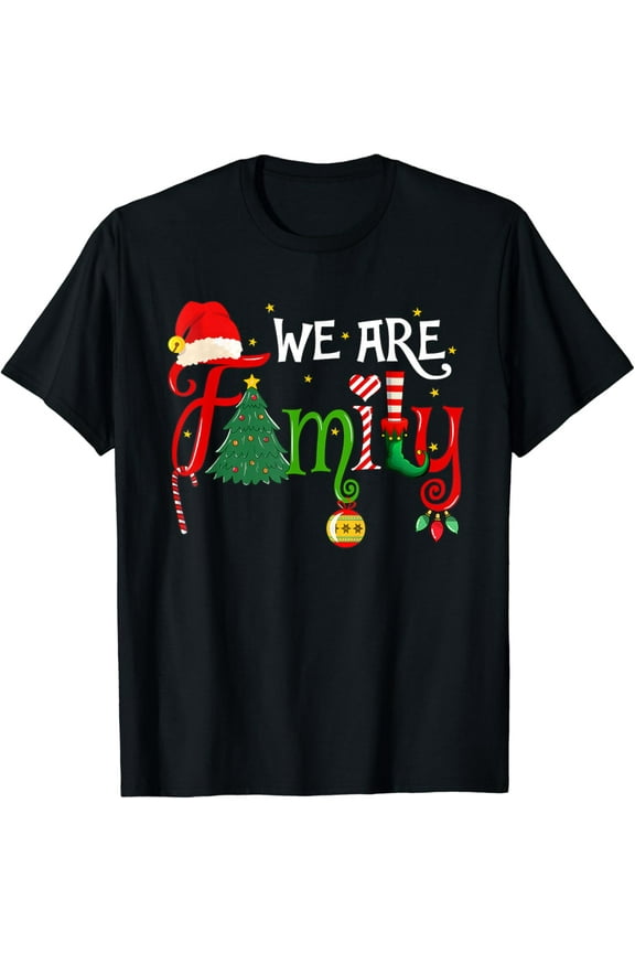 We Are Family Christmas Tree Santa Hat Xmas Elf Candy Cane T-Shirt Black Large
