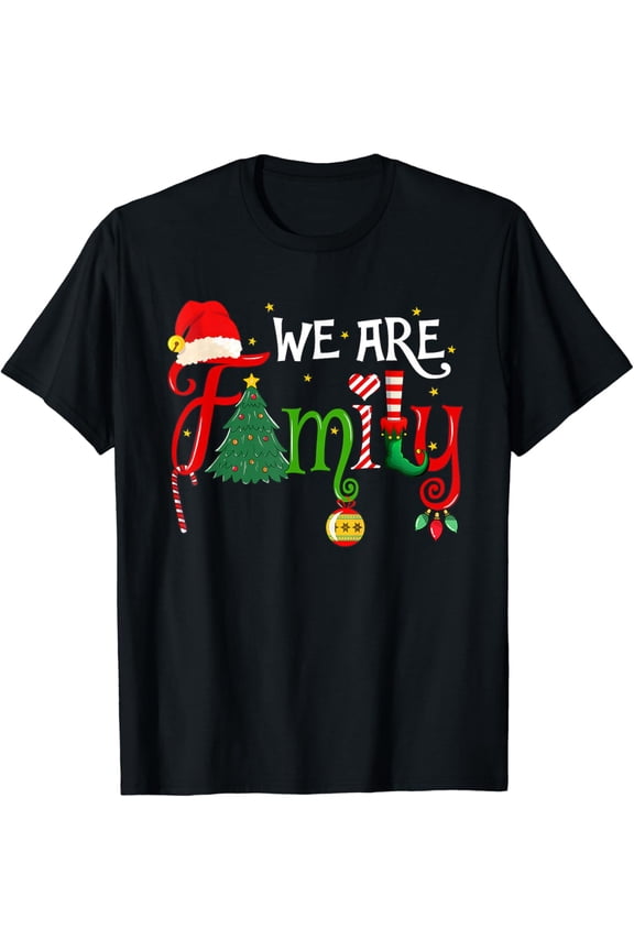 We Are Family Christmas Tree Santa Hat Xmas Elf Candy Cane T-Shirt Black X-Large