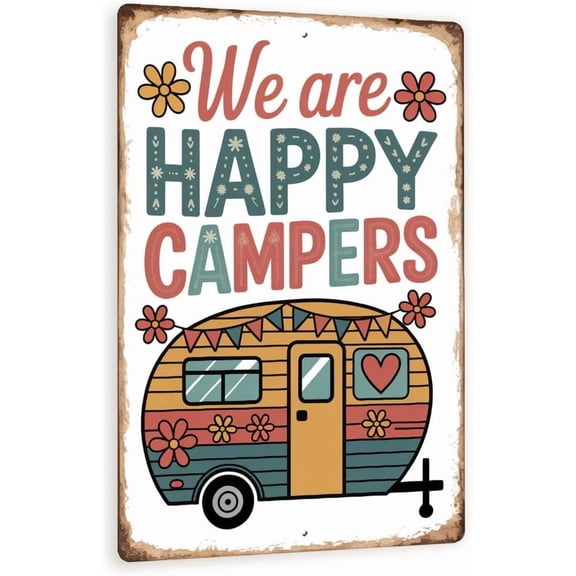 We Are Happy Campers Sign  8x12 Vintage Camper Trailer Metal Wall Art, Rustic Outdoor RV Decor, Teal & Coral Retro Camping Plaque