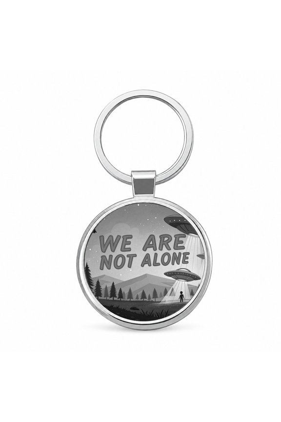 We Are Not Alone Funny Retro UFO Black And White Metal Round Keychain