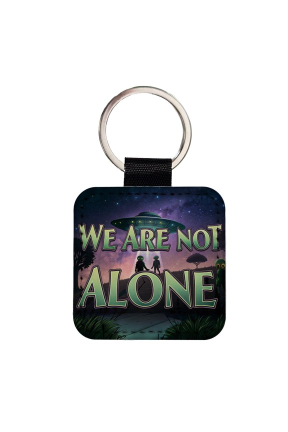 We Are Not Alone UFO Aliens Faux Leather Square Keychain