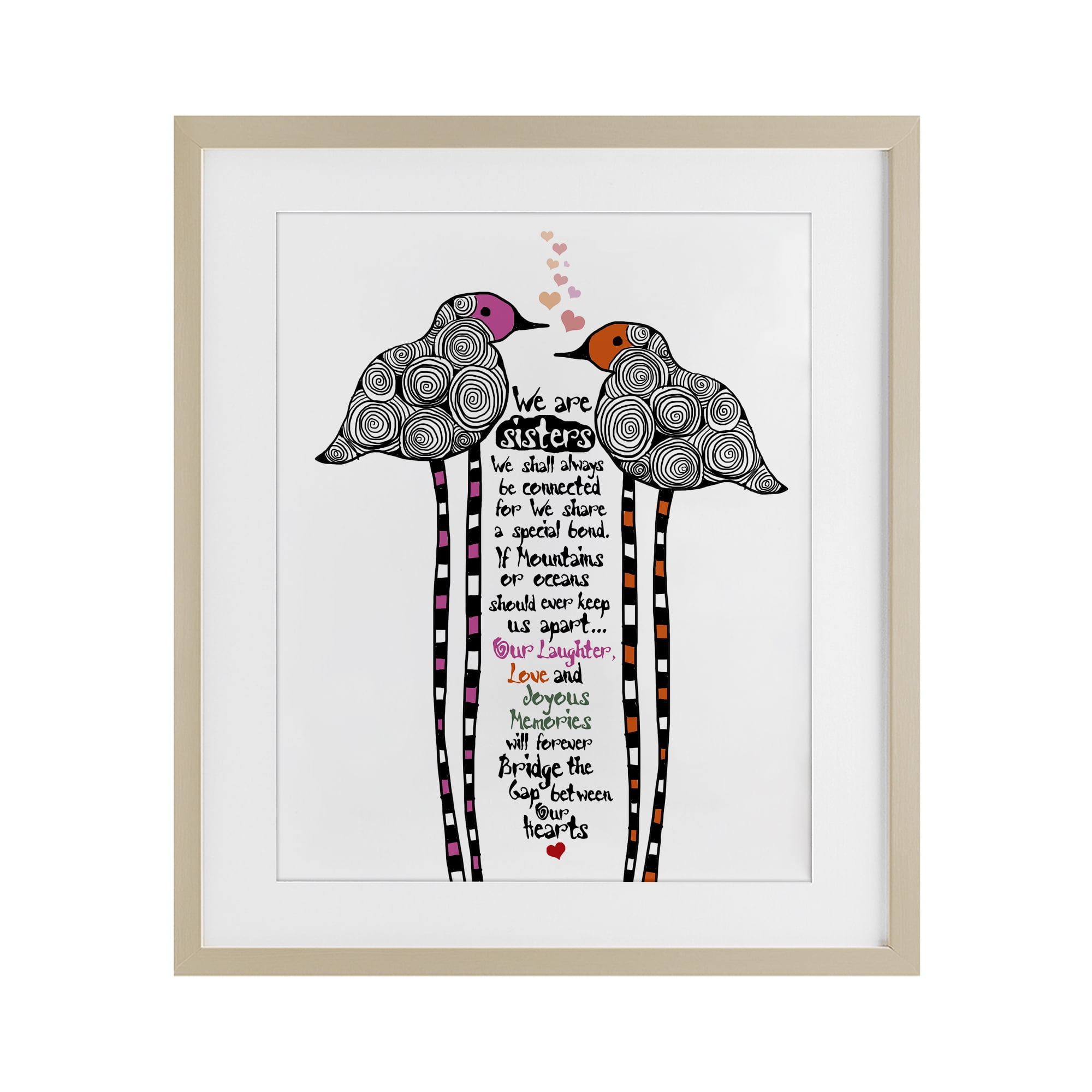 We Are Sisters Bird Duo Birch Framed Print Under Glass, design by Suzanne Millius