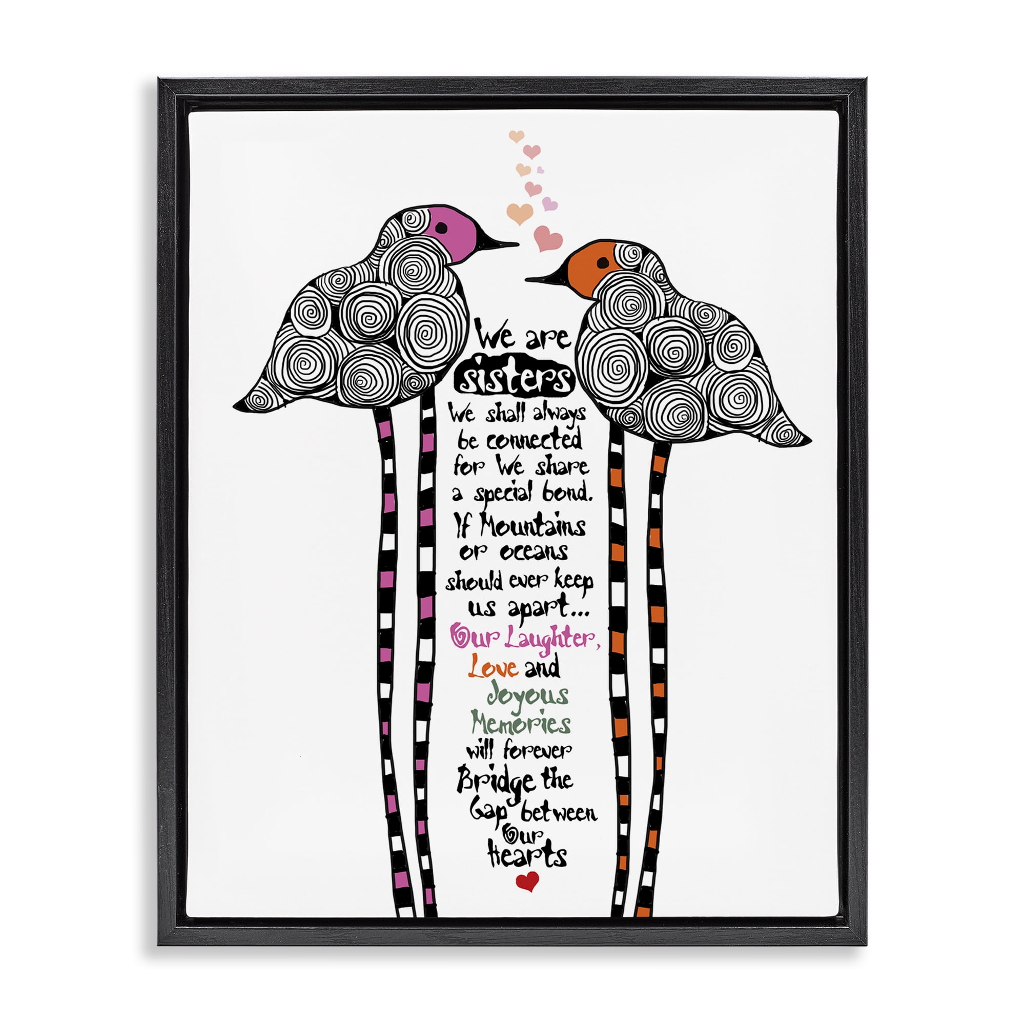 We Are Sisters Bird Duo Black Framed Floater Canvas Wall Art, design by Suzanne Millius