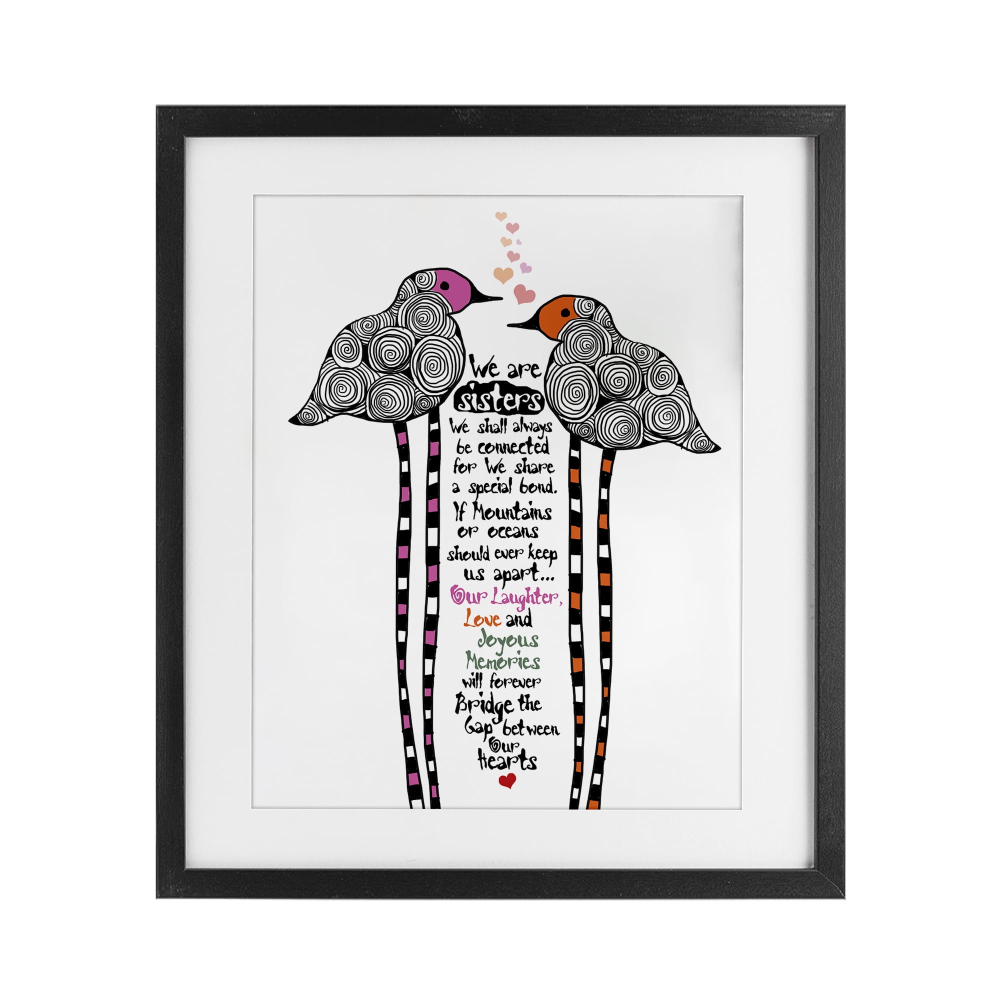 We Are Sisters Bird Duo Black Framed Print Under Glass, design by Suzanne Millius