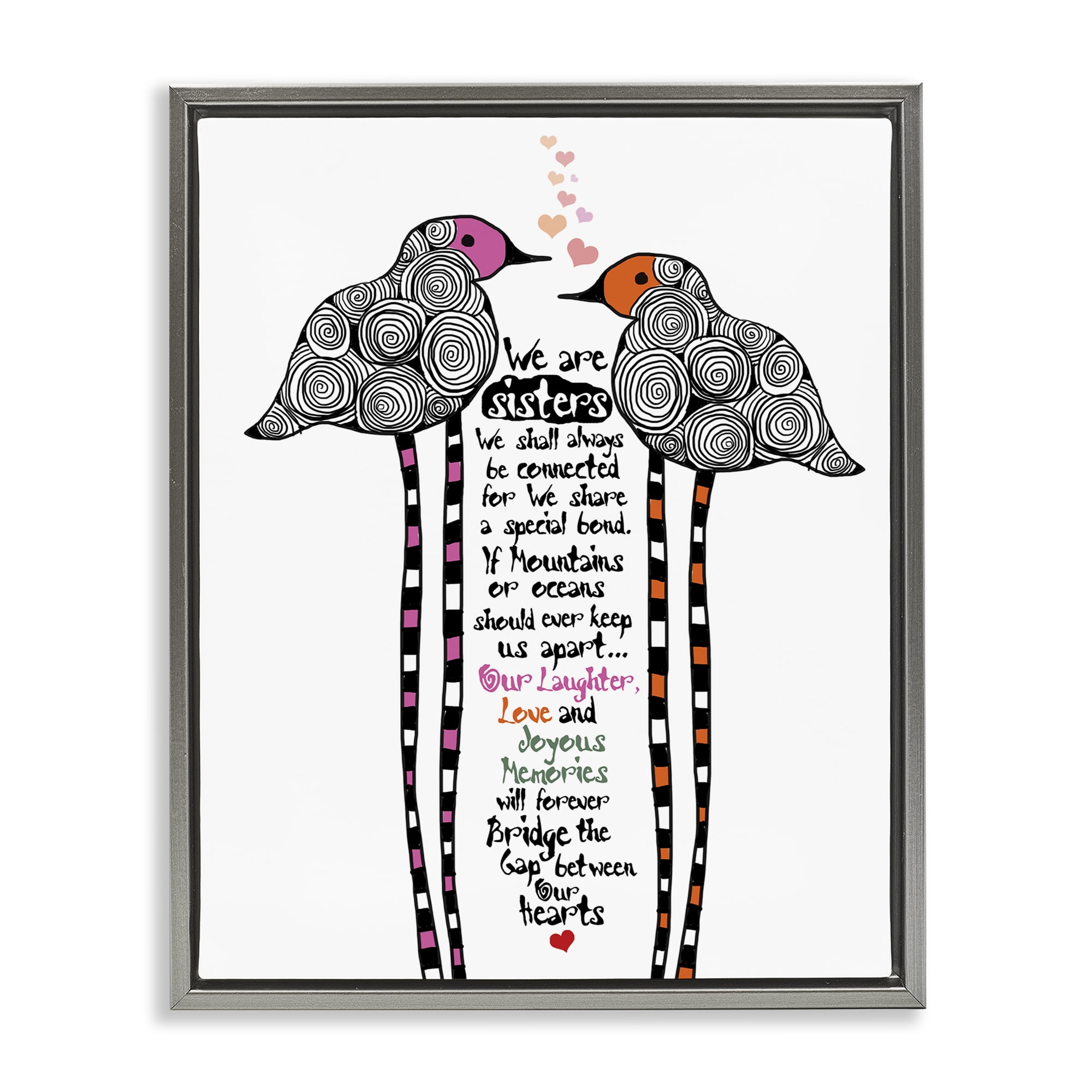 We Are Sisters Bird Duo Gray Framed Floater Canvas Wall Art, design by Suzanne Millius