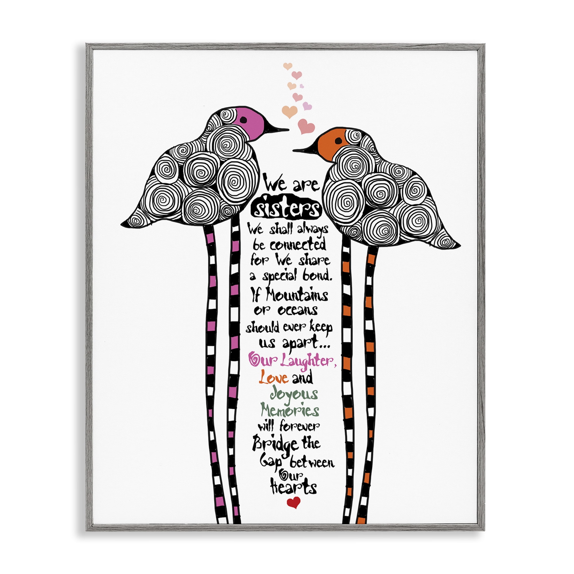 We Are Sisters Bird Duo Gray Framed Giclee Art, design by Suzanne Millius