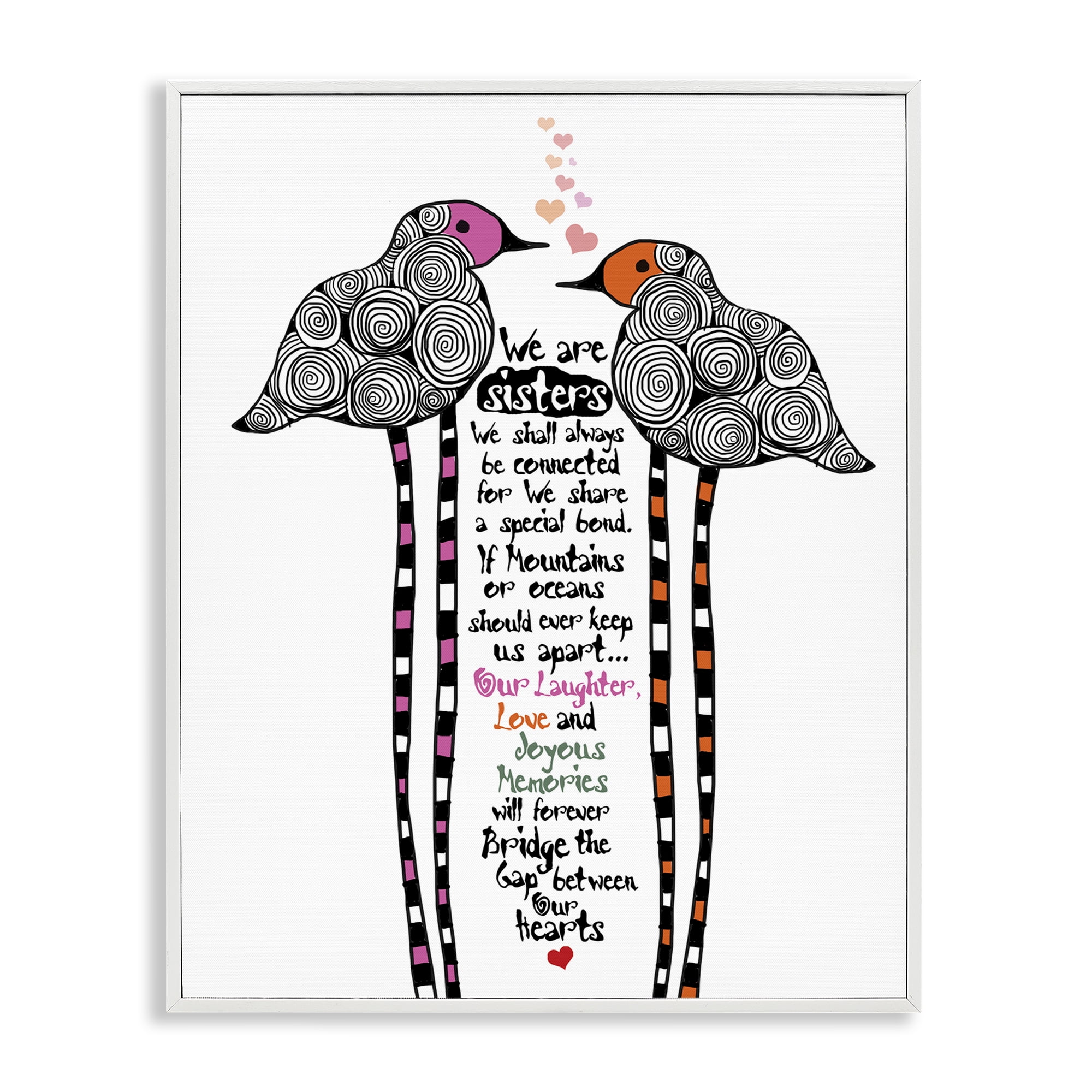 We Are Sisters Bird Duo White Framed Giclee Art, design by Suzanne Millius