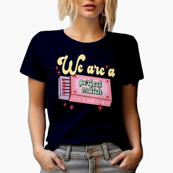 We Are a Perfect Match, Funny Retro Valentine's Day Pun Art Gift, Navy Blue T-Shirt, Medium