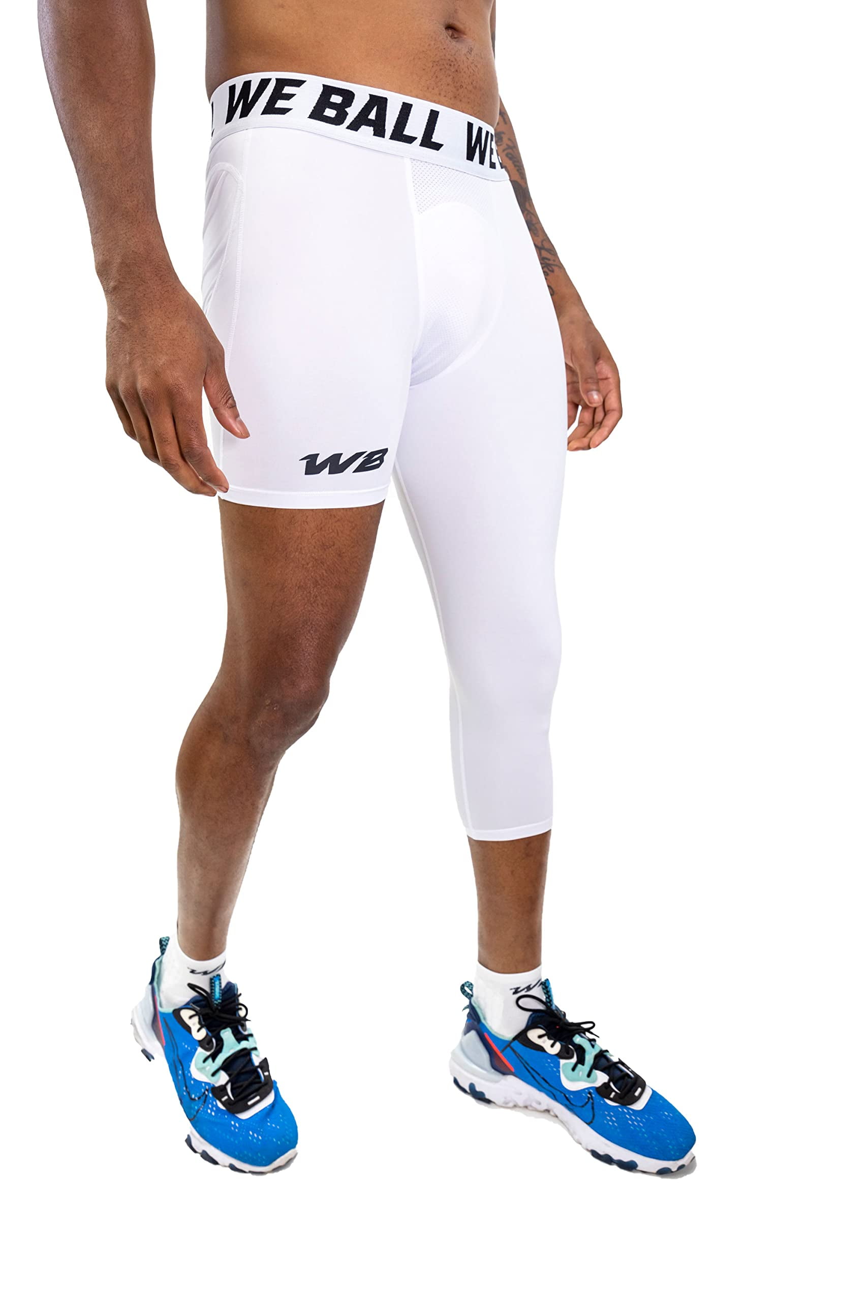 CenturyX Men One Leg Compression Pants 3/4 Capri Tights Athletic Basketball  Leggings Workout Base Layer Underwear White 1 XXL 