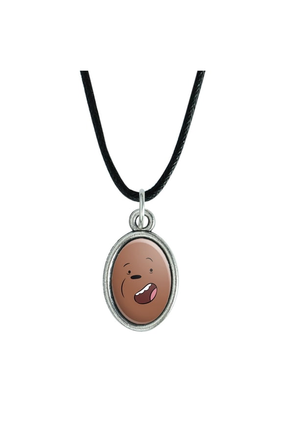 We Bare Bears Grizz Face Antiqued Oval Charm Pendant with Black Satin Cord