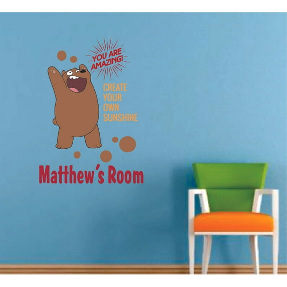 We Bare Bears Sunshine Quote Cartoon Customized Wall Decal - Custom Vinyl Wall Art - Personalized Name - Baby Girls Boys Kids Bedroom Wall Decal Room Decor Wall Stickers Decoration Size (20x18 inch)