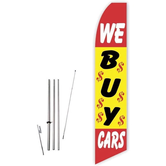 We Buy Cars Yellow/Red Super Novo Feather Flag - Complete with 15ft Pole Set and Ground Spike