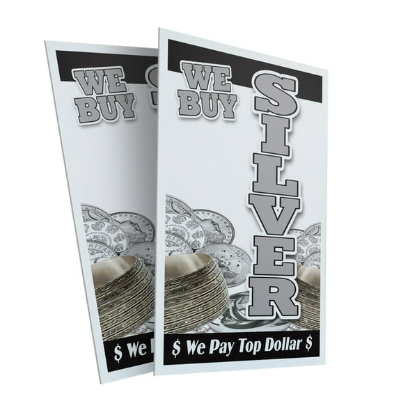 We Buy Silver Vertical (2-PACK) 24" x 36" Plastic Signs | Sign Insert 4mm Corrugated Plastic Signs Storefront Window Poster