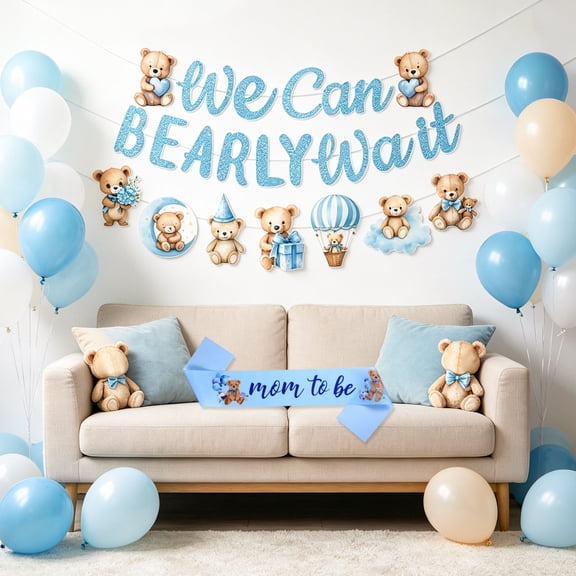 We Can Bearly Wait Blue Bear Party Decorations Set - Cute Themed Banner, Ornaments, Balloons & Sash for Celebrations