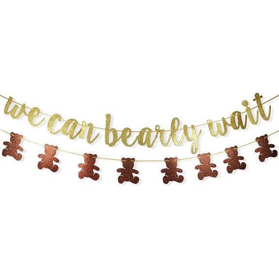 We Can Bearly Wait Glitter Banner, Baby Shower Decorations, Gender Reveal Party Supplies for Teddy Bear Theme Garland (Gold and Brown)
