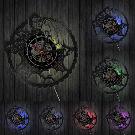 We Can Do It Girl Power Rosie the Riveter Feminist Home Decor Modern Wall Clock Strong Woman Protest Signs Vinyl Record Clock With LED