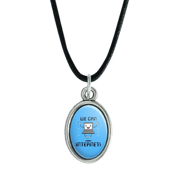 We Can Internet Funny Humor Antiqued Oval Charm Pendant with Black Satin Cord