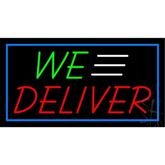 We Deliver Yellow Rectangle LED Neon Sign 13 x 24 - inches, Clear Edge Cut Acrylic Backing, with Dimmer - Bright and Premium built indoor LED Neon Sign for restaurant window and interior decor.