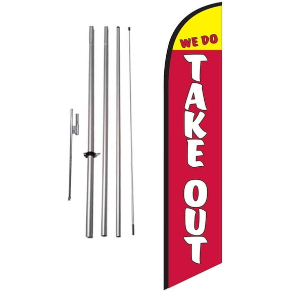 We Do Take-Out Restaurant Advertising Feather Banner Swooper Flag Sign with Flag Pole Kit and Ground Stake, Delivery, Drive-Thru, Curb Side Signs