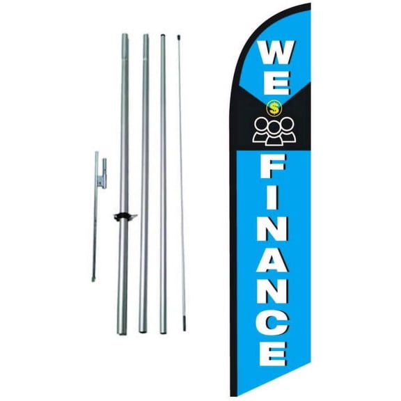 We Finance Auto Dealership Advertising Feather Banner Swooper Flag Sign with Flag Pole Kit and Ground Stake, Blue