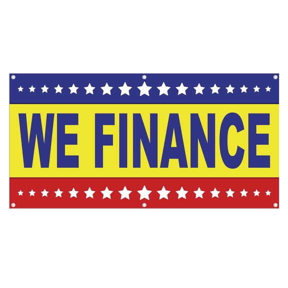 We Finance Banner 13 oz Heavy Duty Vinyl Easy Payments Sign We Finance No Credit Needed Banner USA American Flag Stars |Outdoor/Indoor, Single-Sided with Metal Grommets (1.5x5 ft, Ye & Bl)