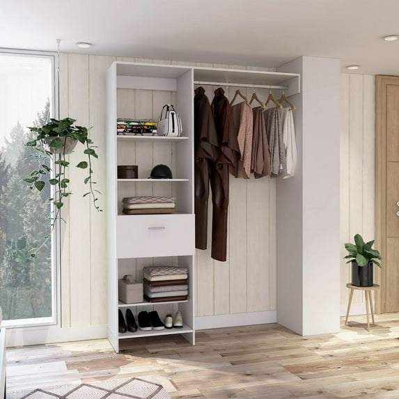 We Have Furniture 150 Closet System British, One Drawer, Three Metal Rods, White Finish