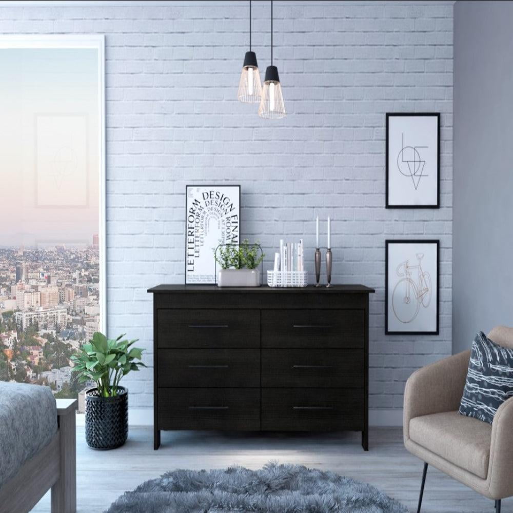 Black Wengue 6-Drawer Double Dresser with Metal Pulls