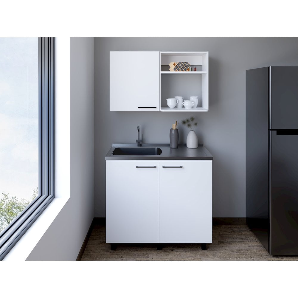 We Have Furniture Alexandria 2 Piece Kitchen Set, Wall Cabinet + Utility Sink, White Finish