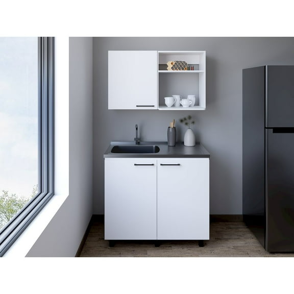 We Have Furniture Alexandria 2 Piece Kitchen Set, Wall Cabinet + Utility Sink, White Finish