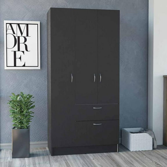 We Have Furniture Armoire Cobra, Double Door Cabinets, Five Shelves, Black Wengue / White Finish