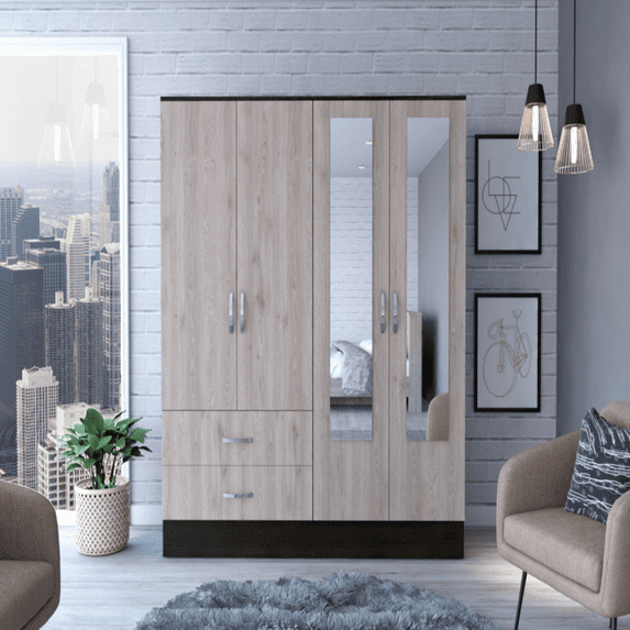 We Have Furniture Armoire Ron, Double Door Cabinet, Black Wengue/ Light Gray Finish